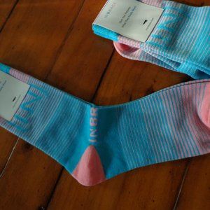 NWT Pair INBRACE Socks O/S (women 7-13) Pink/Aqua Blue Striped